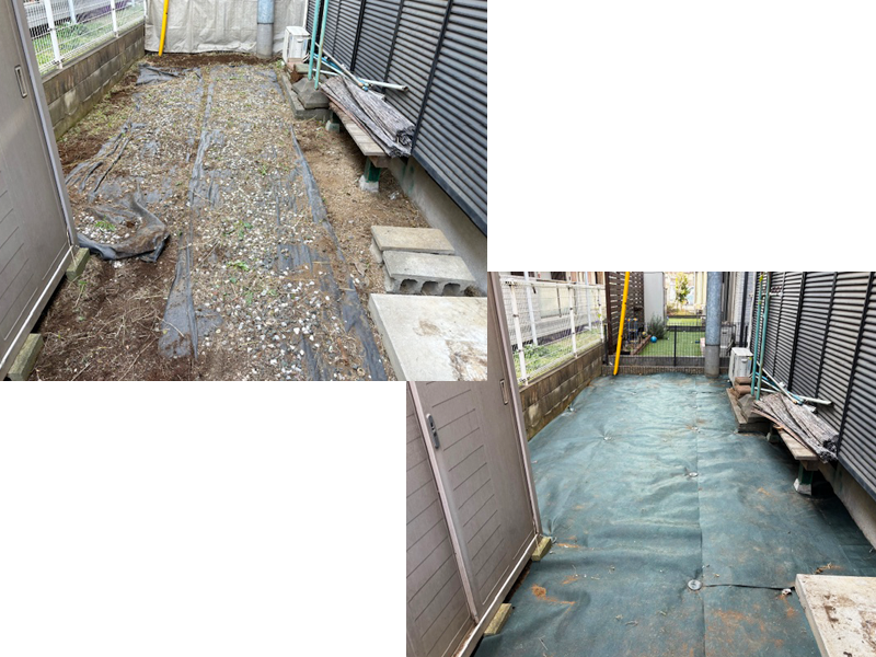 しっかりと除草後、防草シートを敷設　作業中